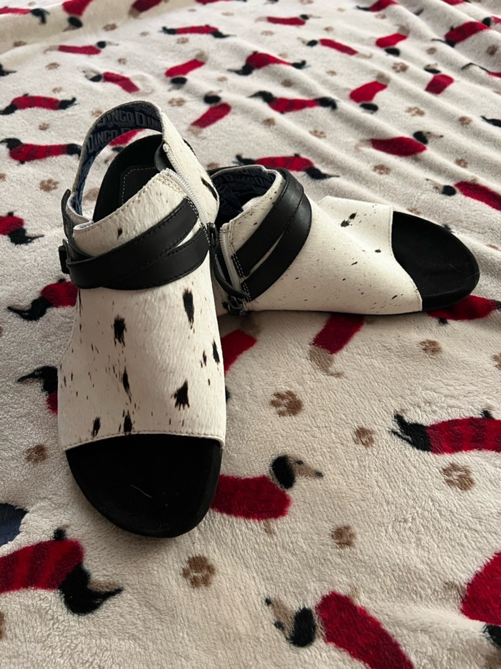 dingo Black and White Cowhide Open-Toe Slingback Mules